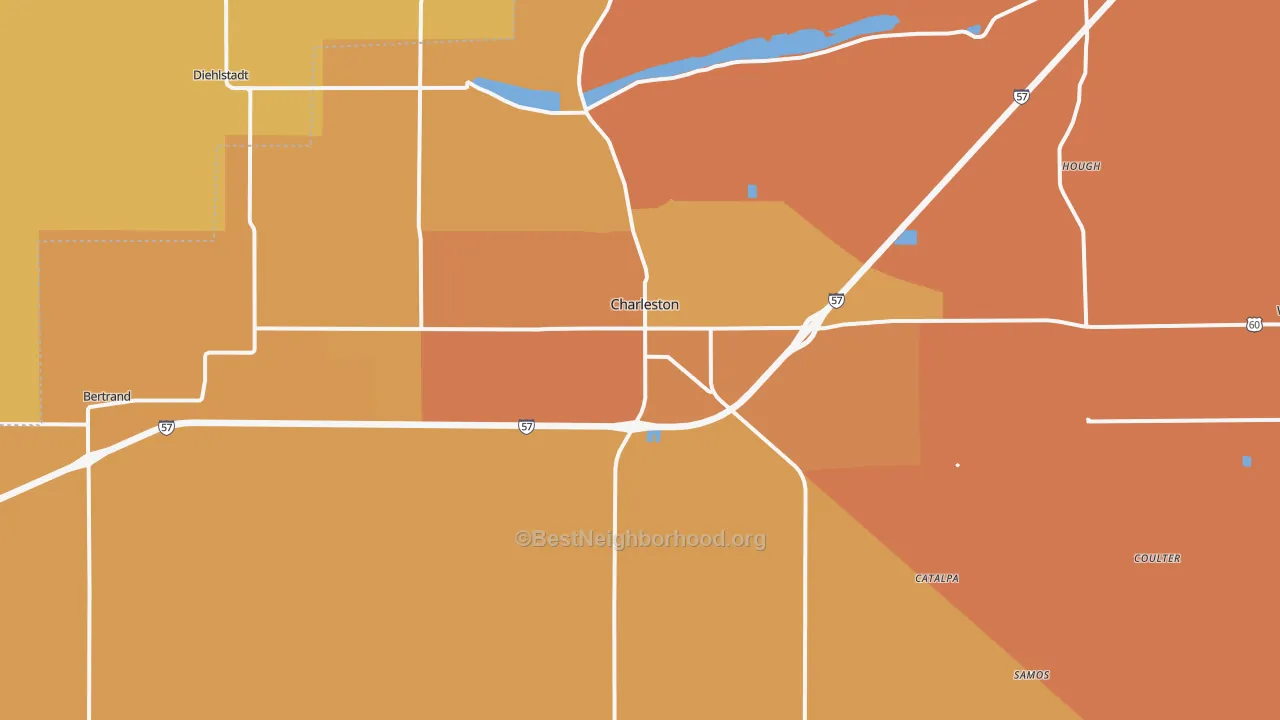 Map of the best neighborhoods in the 63834 area, with better matches in green and worse matches in red