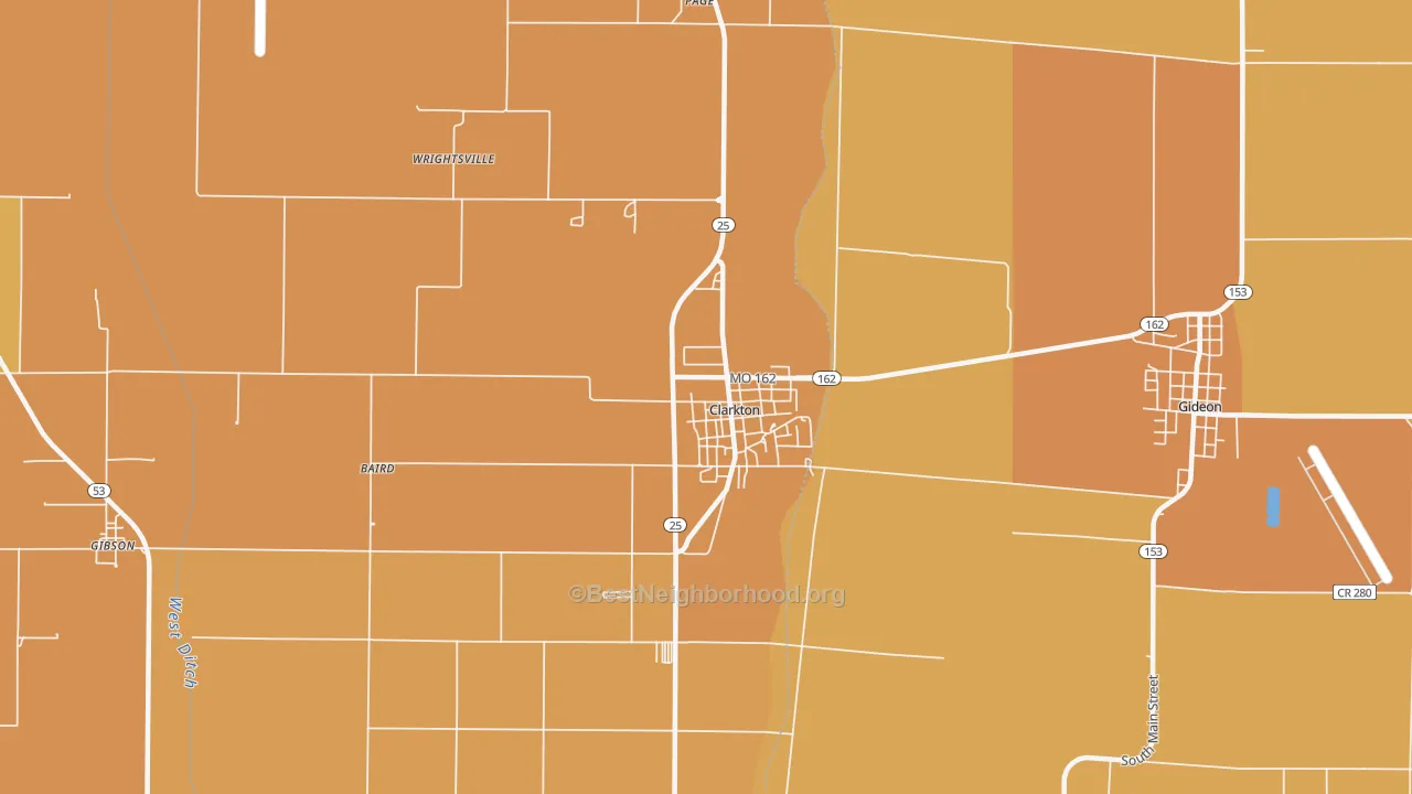 Map of the best neighborhoods in the 63837 area, with better matches in green and worse matches in red