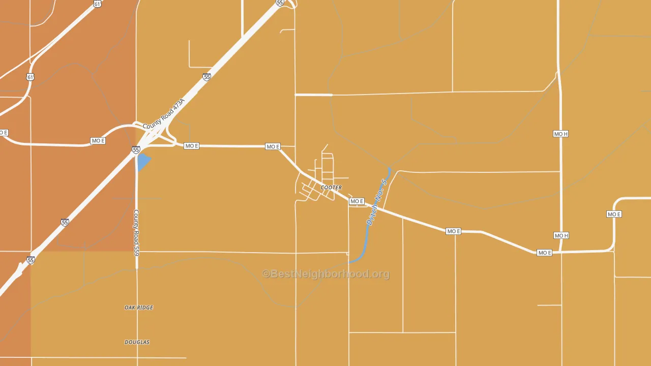 Map of the best neighborhoods in the 63839 area, with better matches in green and worse matches in red