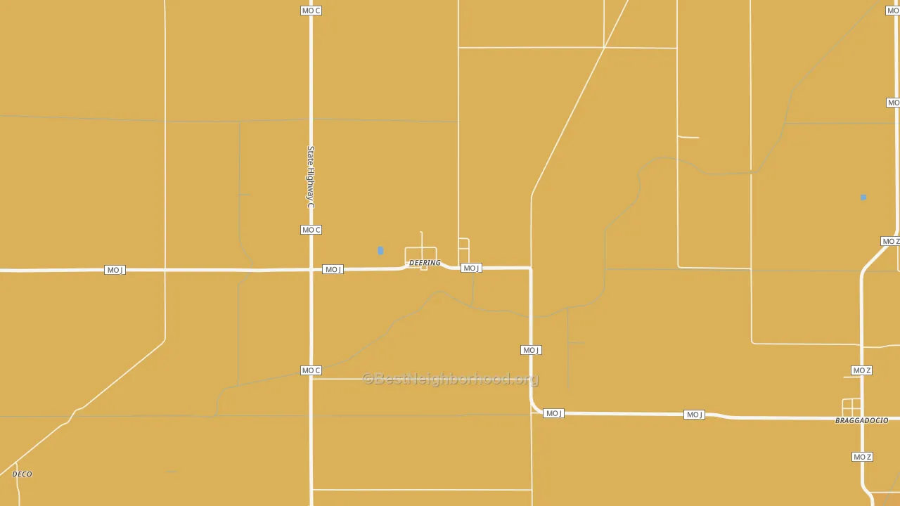 Map of the best neighborhoods in the 63840 area, with better matches in green and worse matches in red