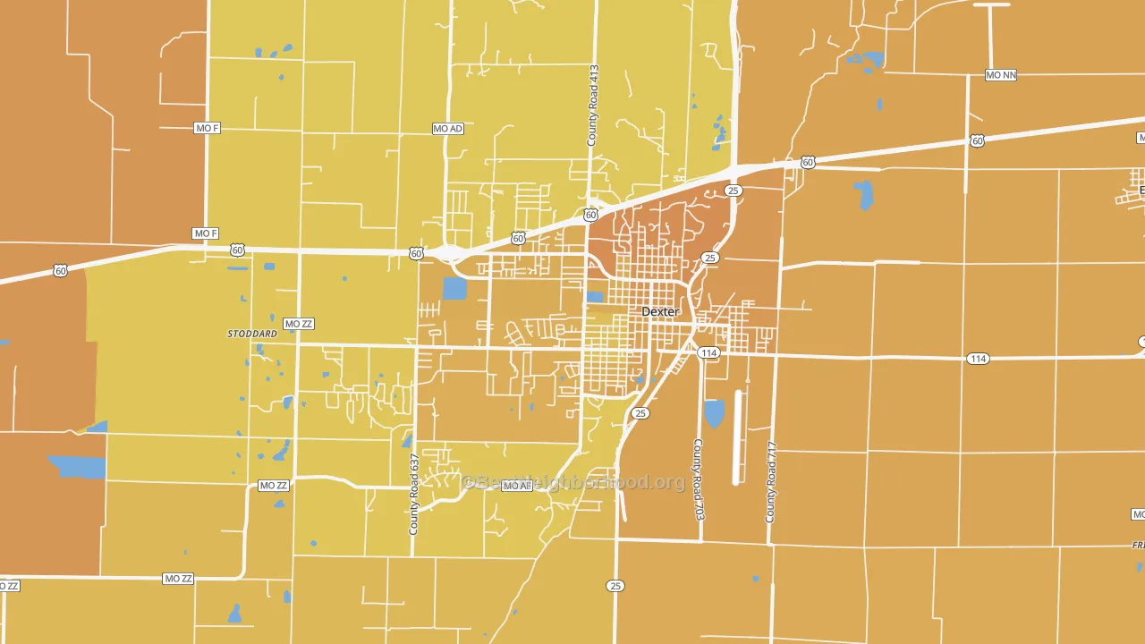 Map of the best neighborhoods in the 63841 area, with better matches in green and worse matches in red