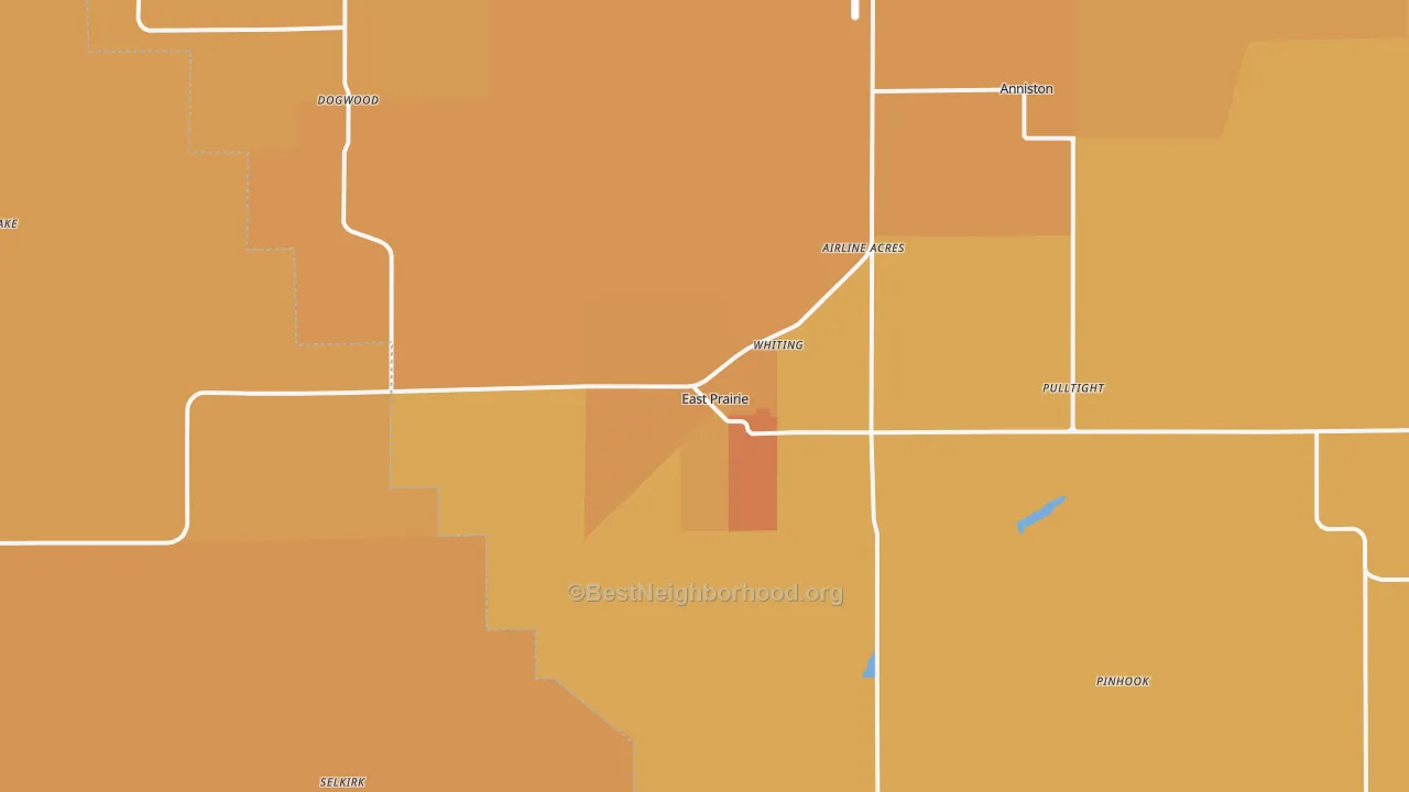 Map of the best neighborhoods in the 63845 area, with better matches in green and worse matches in red