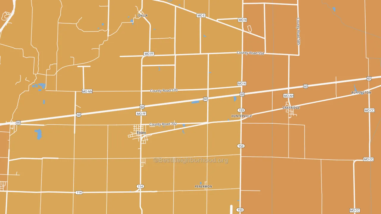 Map of the best neighborhoods in the 63846 area, with better matches in green and worse matches in red