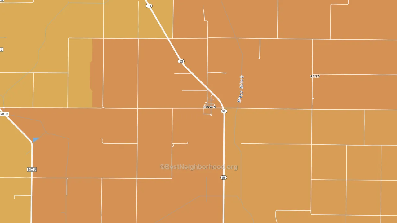 Map of the best neighborhoods in the 63847 area, with better matches in green and worse matches in red
