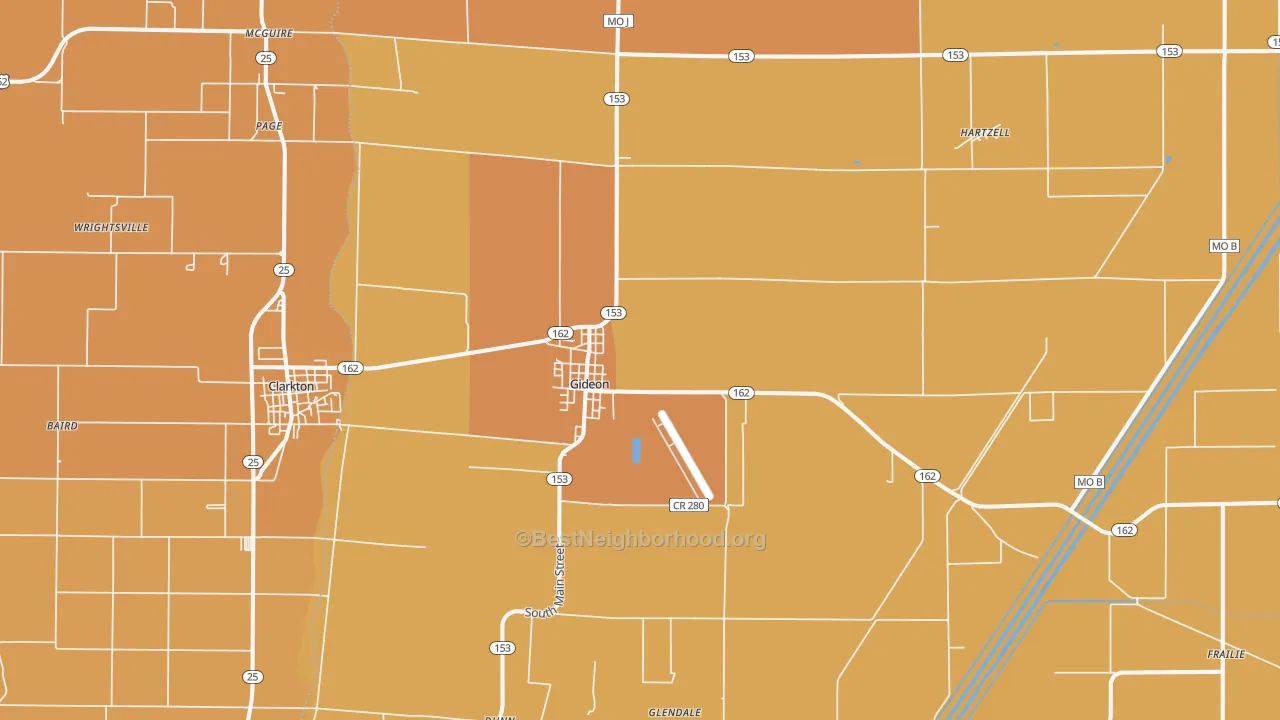 Map of the best neighborhoods in the 63848 area, with better matches in green and worse matches in red
