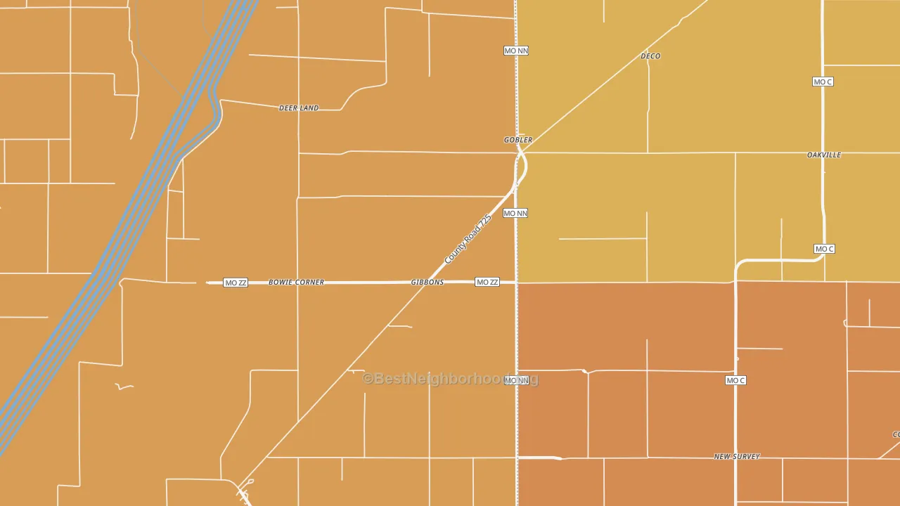 Map of the best neighborhoods in the 63849 area, with better matches in green and worse matches in red