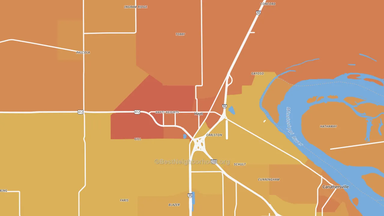 Map of the best neighborhoods in the 63851 area, with better matches in green and worse matches in red