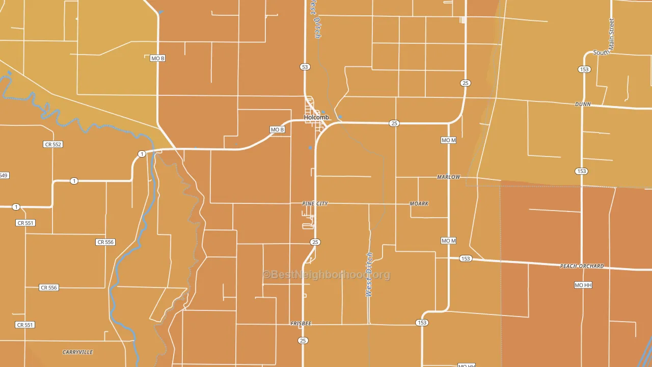 Map of the best neighborhoods in the 63852 area, with better matches in green and worse matches in red