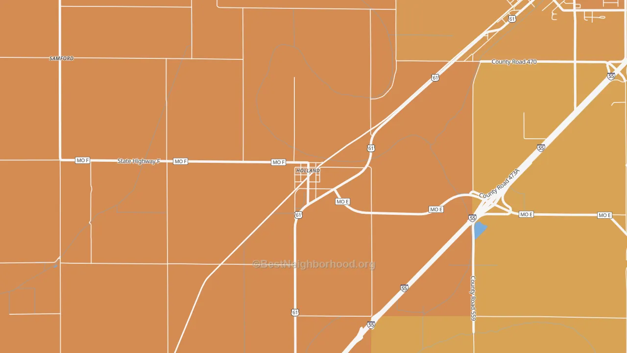 Map of the best neighborhoods in the 63853 area, with better matches in green and worse matches in red
