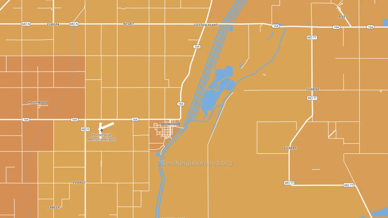 Map of the best neighborhoods in the 63855 area, with better matches in green and worse matches in red