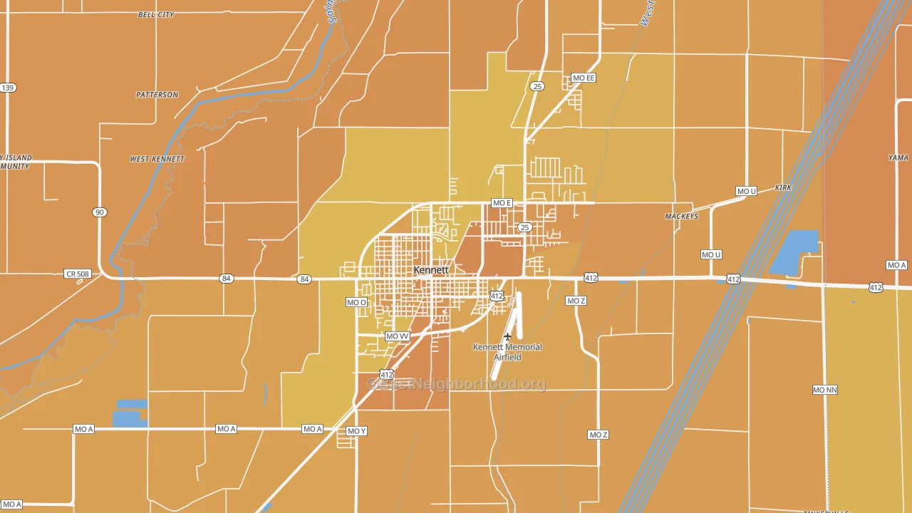 Map of the best neighborhoods in the 63857 area, with better matches in green and worse matches in red