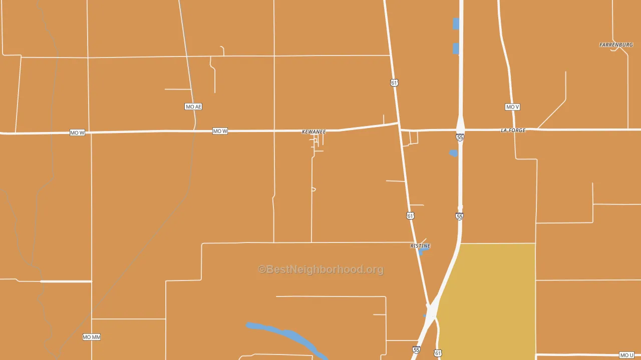 Map of the best neighborhoods in the 63860 area, with better matches in green and worse matches in red
