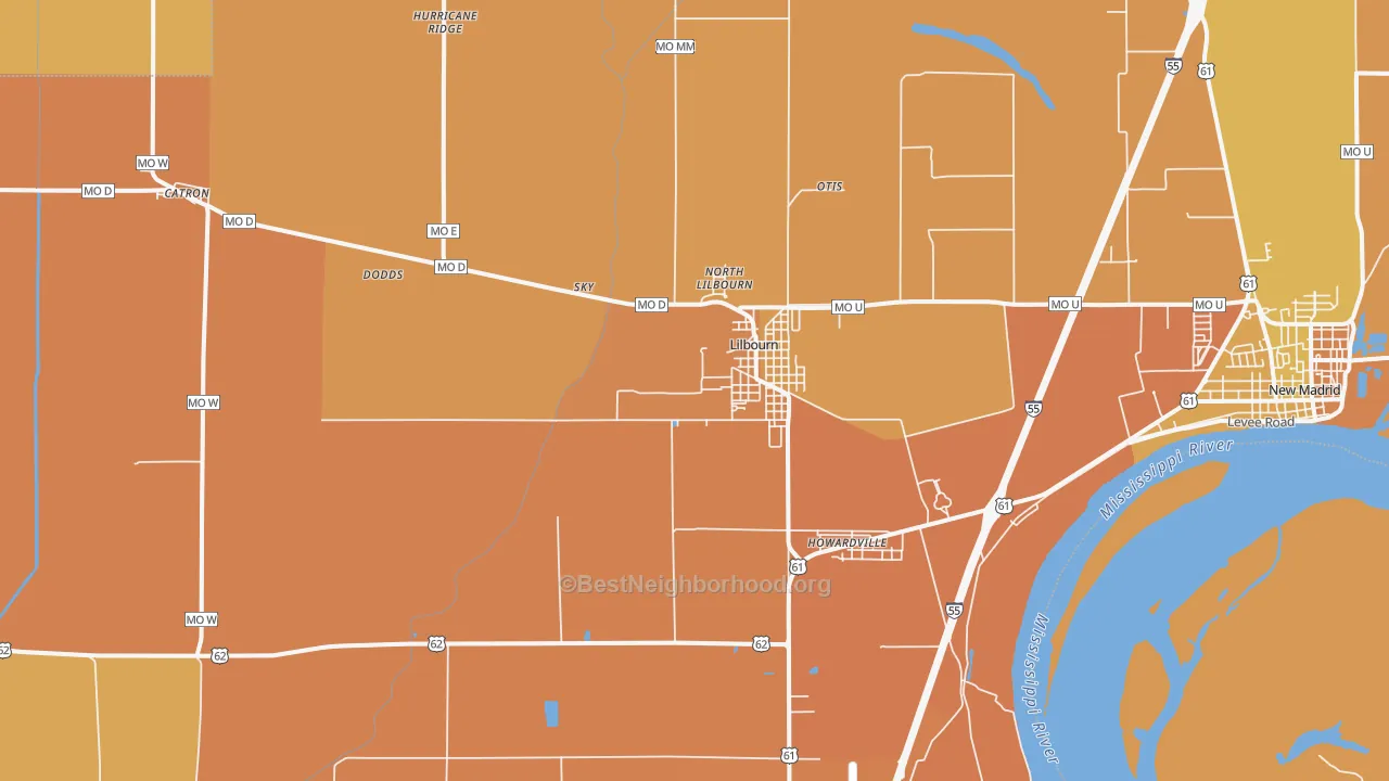 Map of the best neighborhoods in the 63862 area, with better matches in green and worse matches in red
