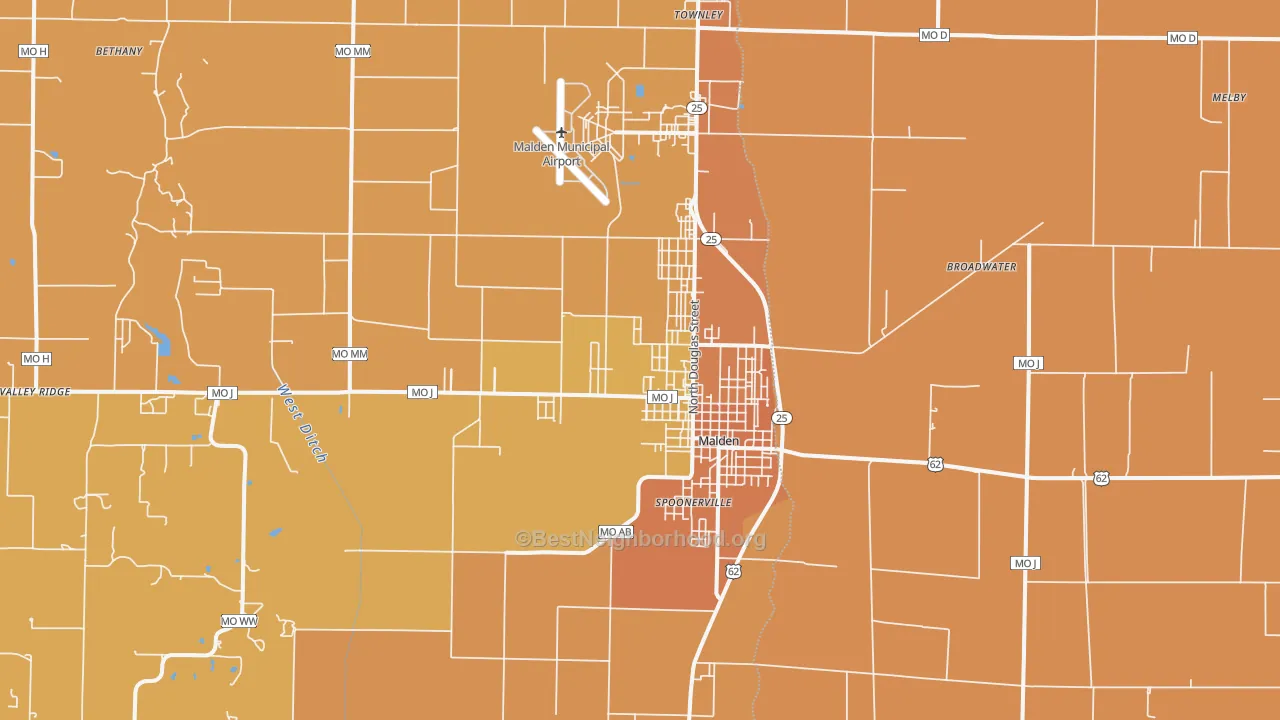 Map of the best neighborhoods in the 63863 area, with better matches in green and worse matches in red