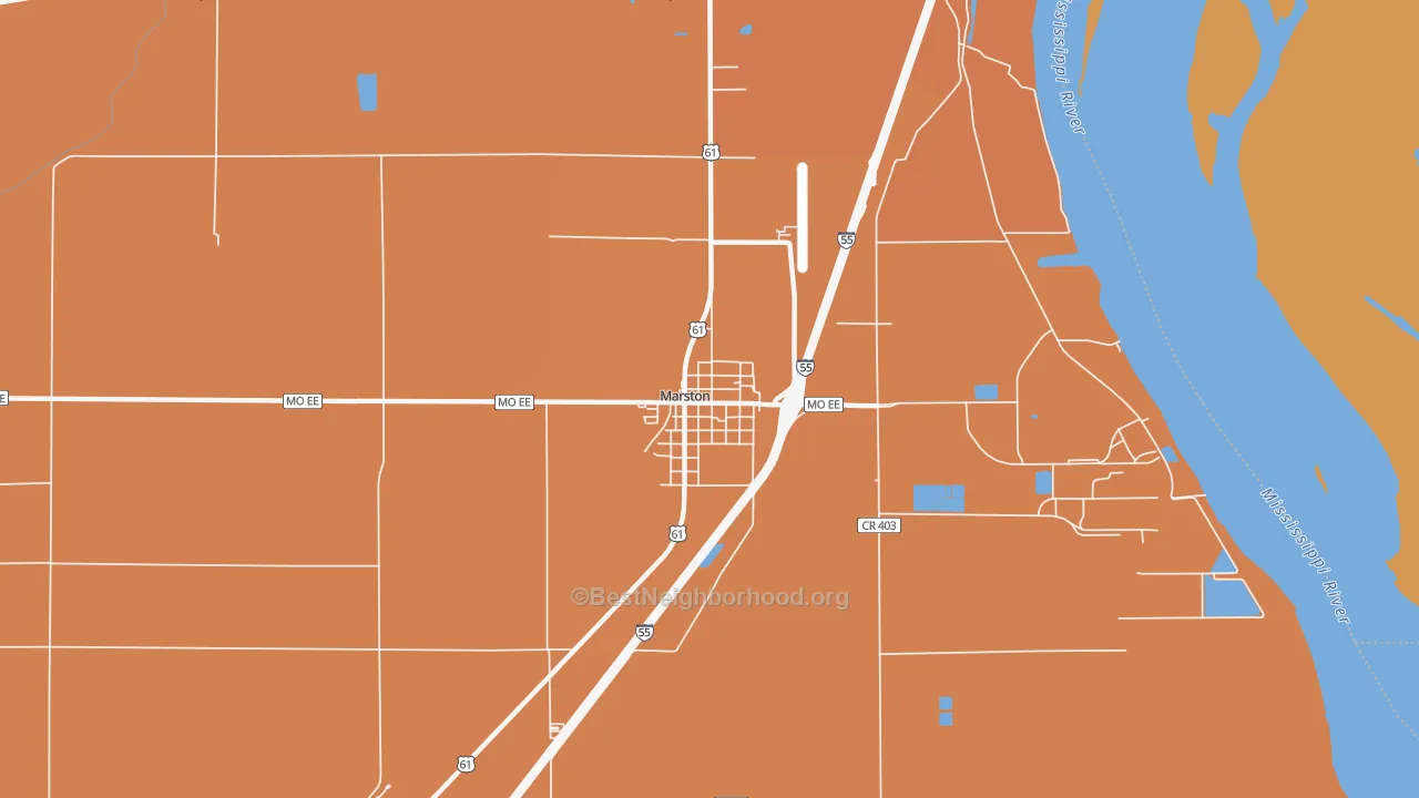 Map of the best neighborhoods in the 63866 area, with better matches in green and worse matches in red