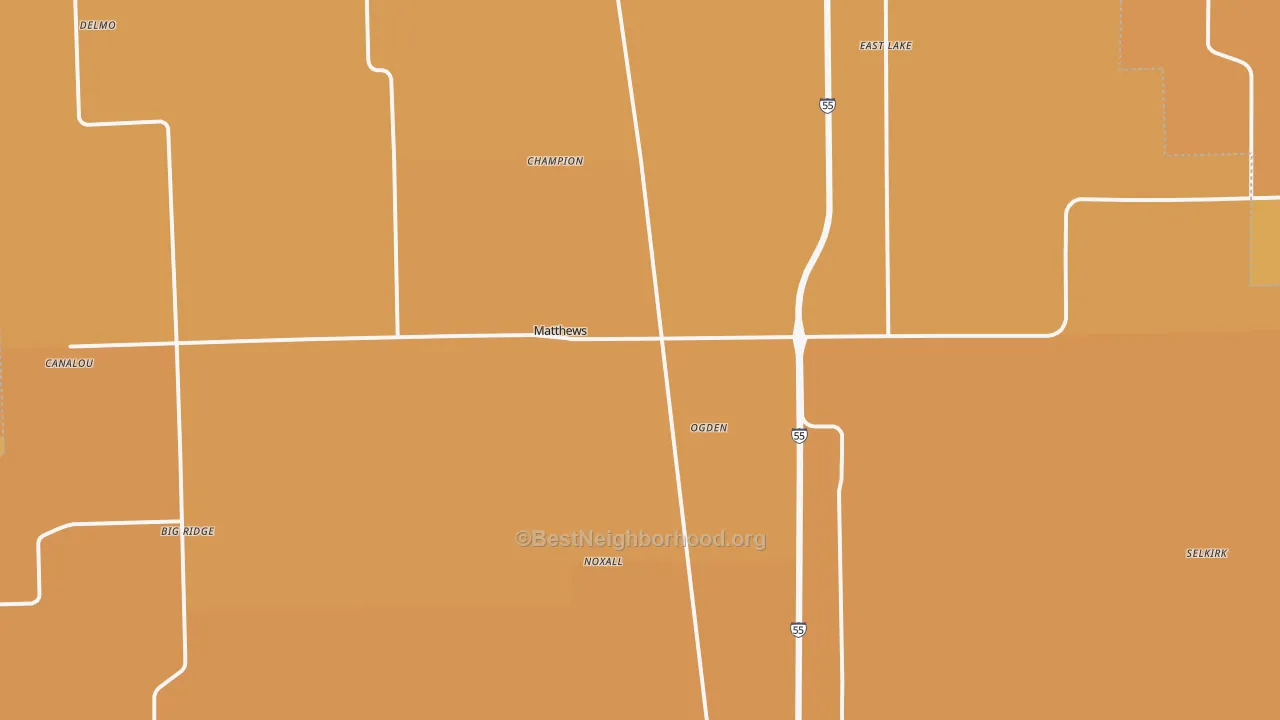 Map of the best neighborhoods in the 63867 area, with better matches in green and worse matches in red
