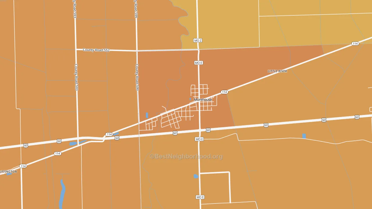 Map of the best neighborhoods in the 63868 area, with better matches in green and worse matches in red
