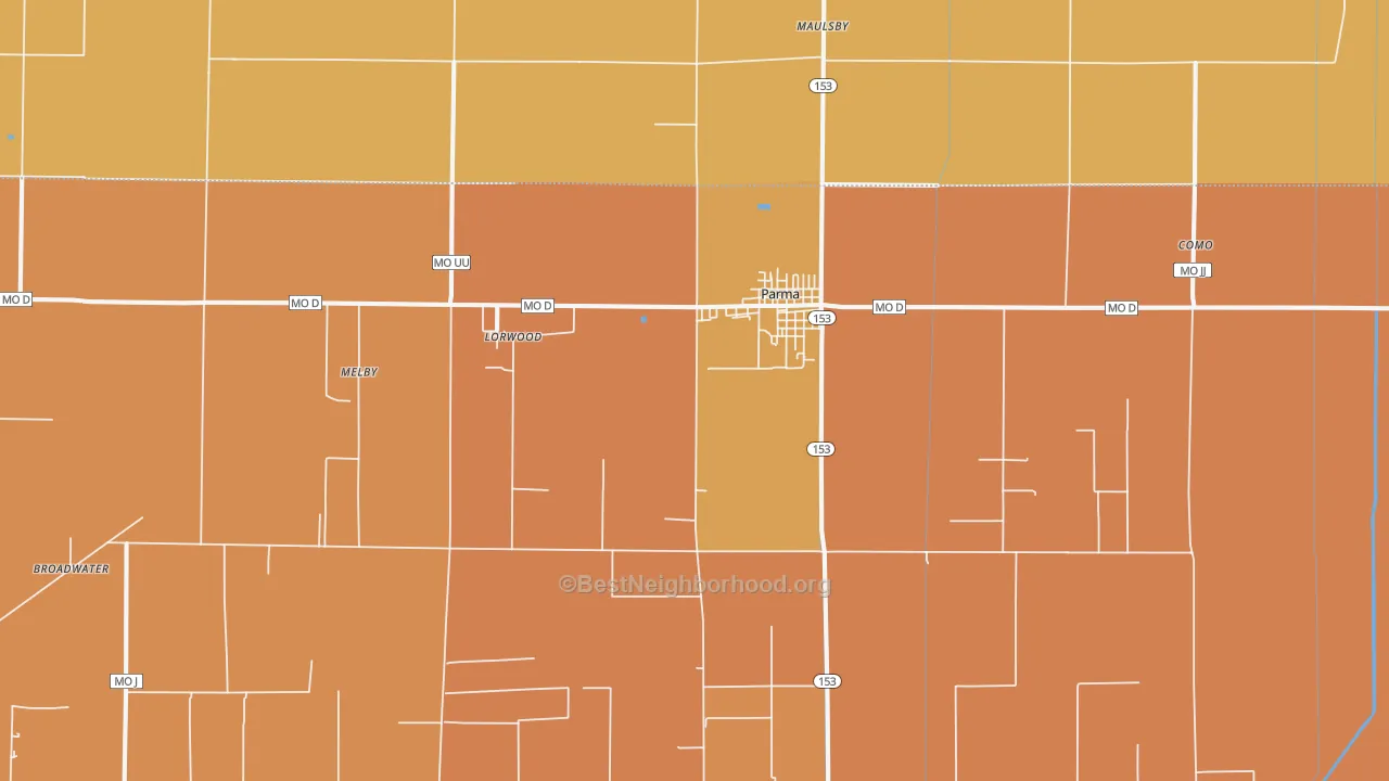 Map of the best neighborhoods in the 63870 area, with better matches in green and worse matches in red
