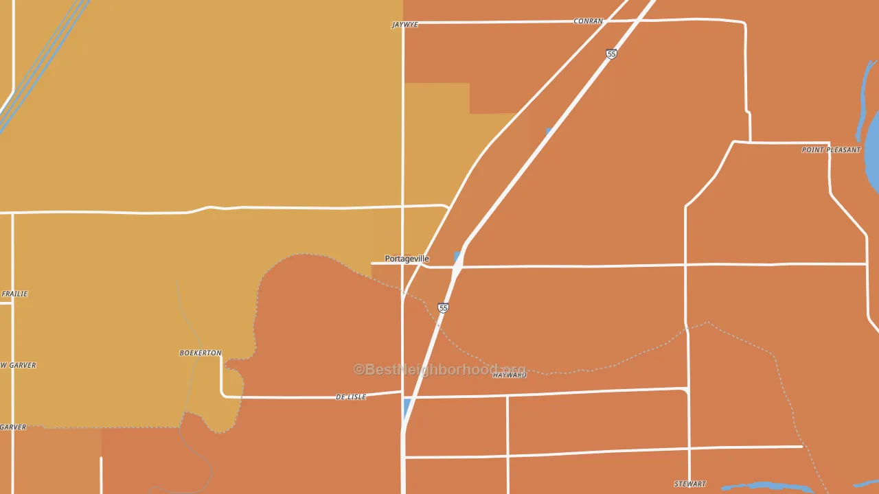 Map of the best neighborhoods in the 63873 area, with better matches in green and worse matches in red