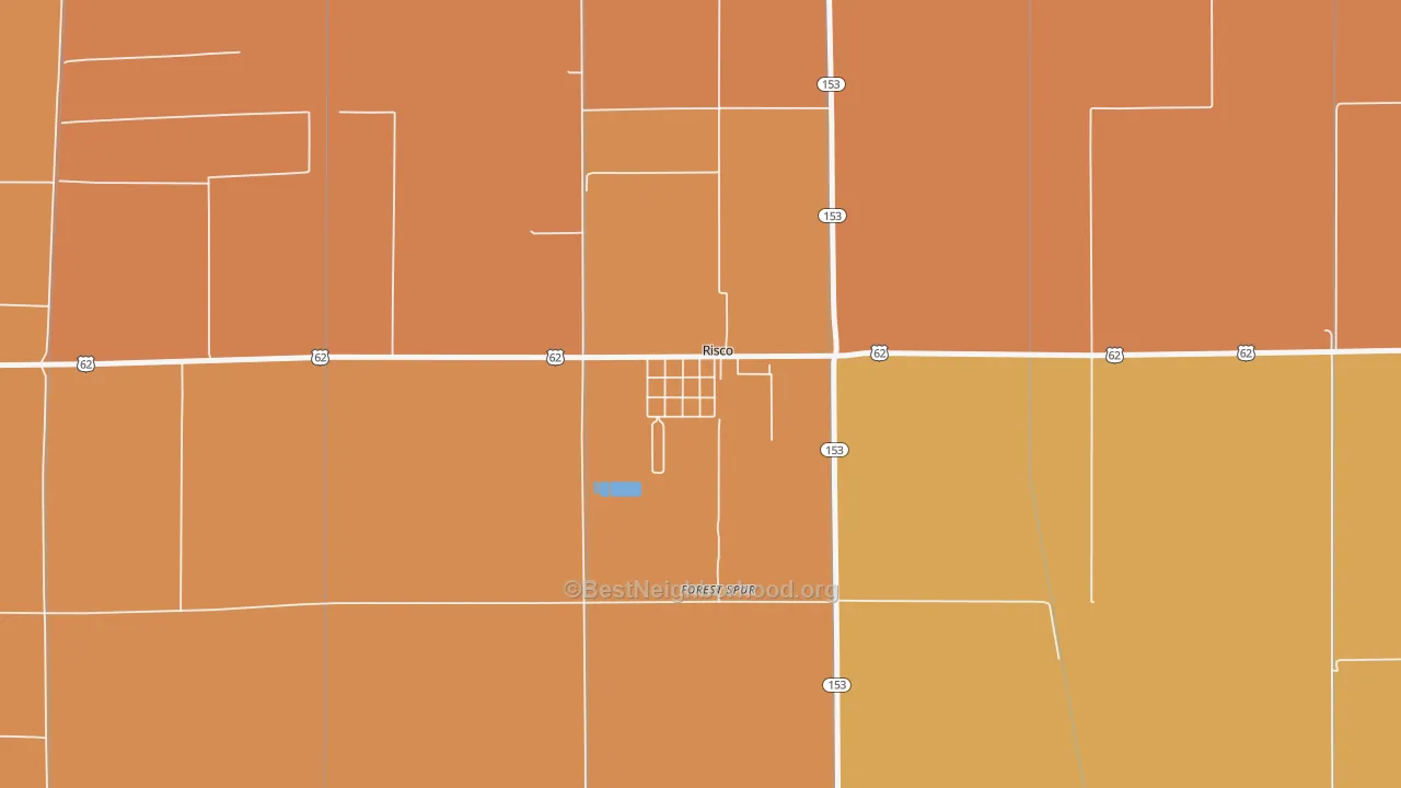 Map of the best neighborhoods in the 63874 area, with better matches in green and worse matches in red