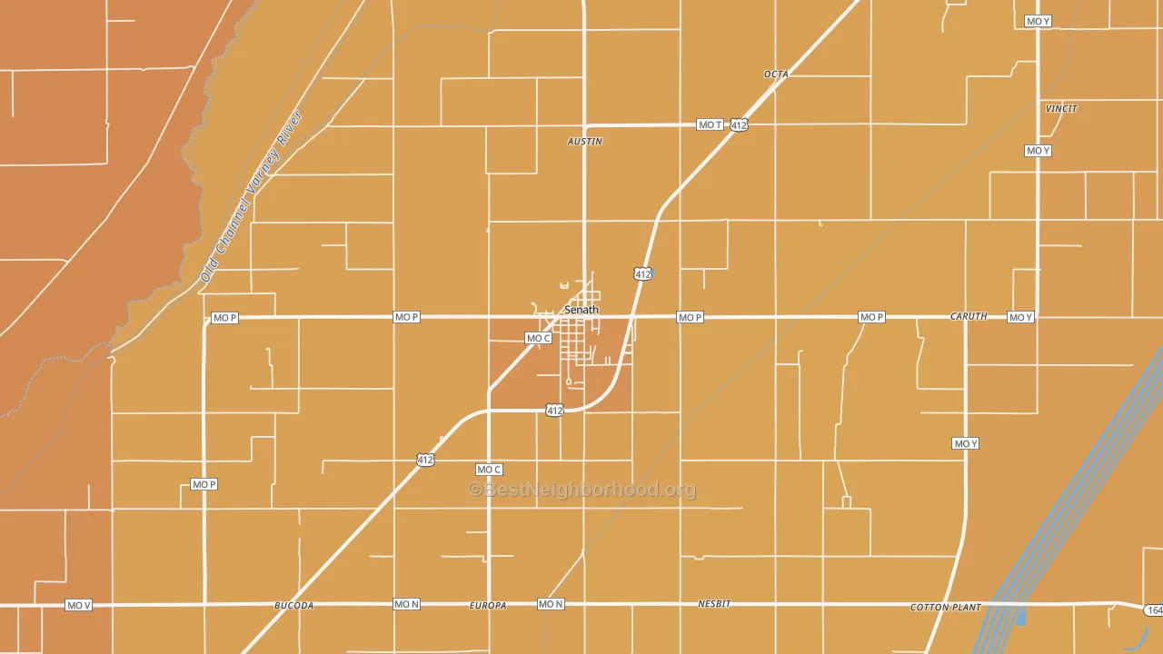 Map of the best neighborhoods in the 63876 area, with better matches in green and worse matches in red