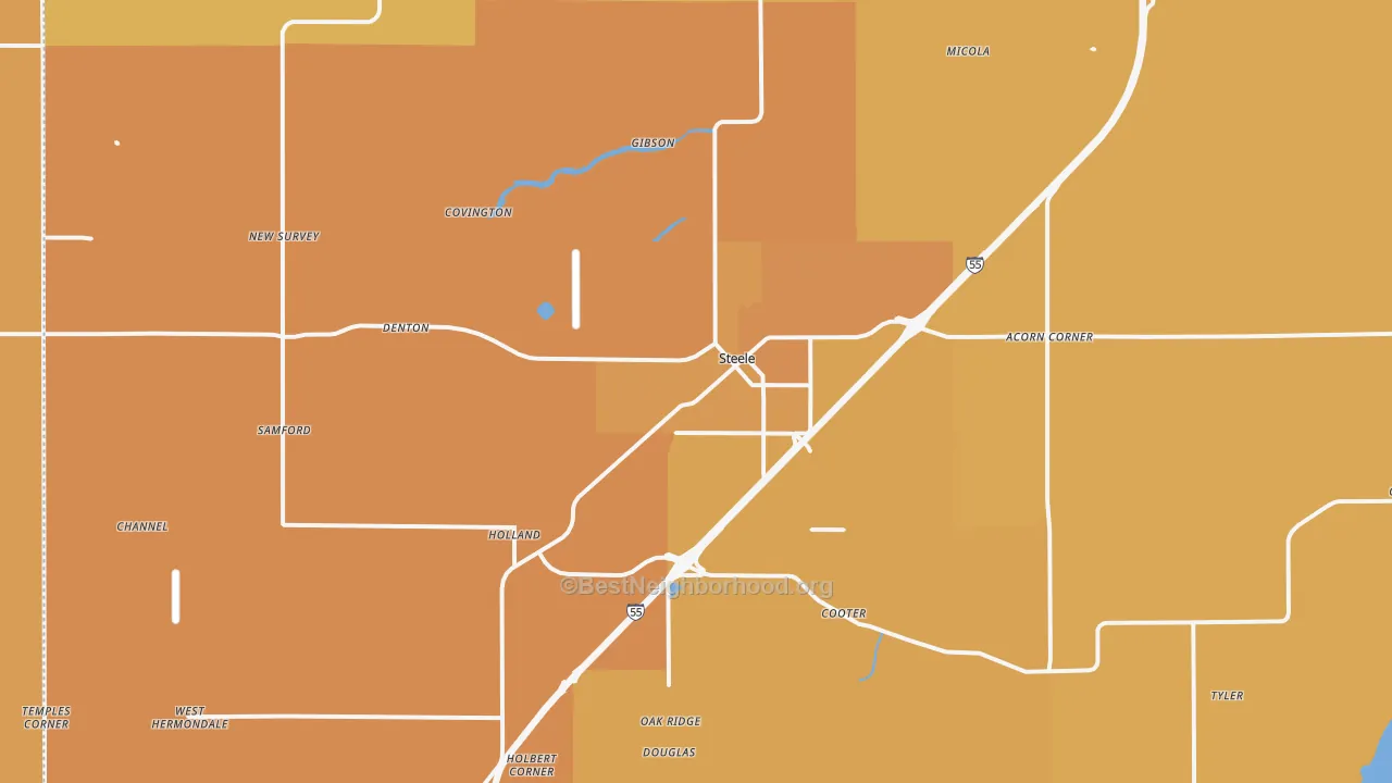 Map of the best neighborhoods in the 63877 area, with better matches in green and worse matches in red