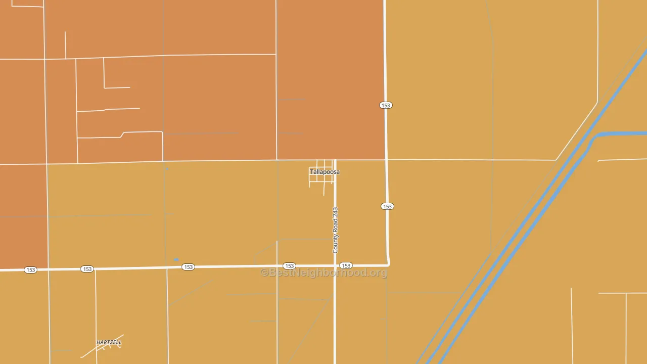 Map of the best neighborhoods in the 63878 area, with better matches in green and worse matches in red