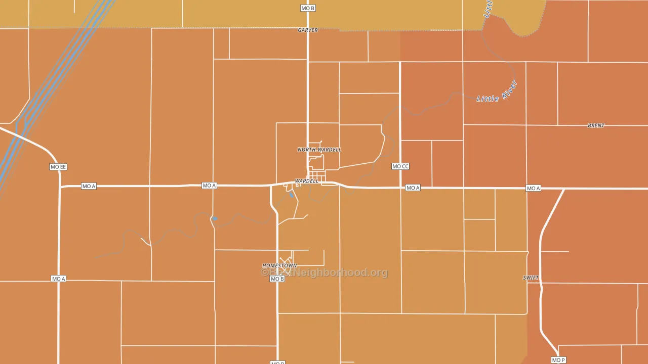 Map of the best neighborhoods in the 63879 area, with better matches in green and worse matches in red