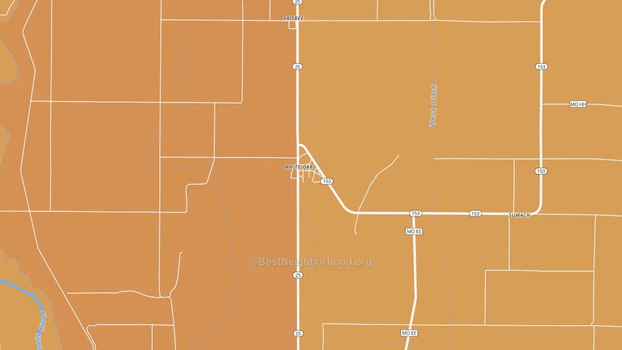 Map of the best neighborhoods in the 63880 area, with better matches in green and worse matches in red