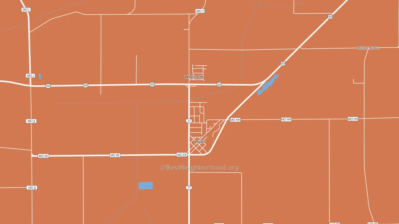 Map of the best neighborhoods in the 63882 area, with better matches in green and worse matches in red