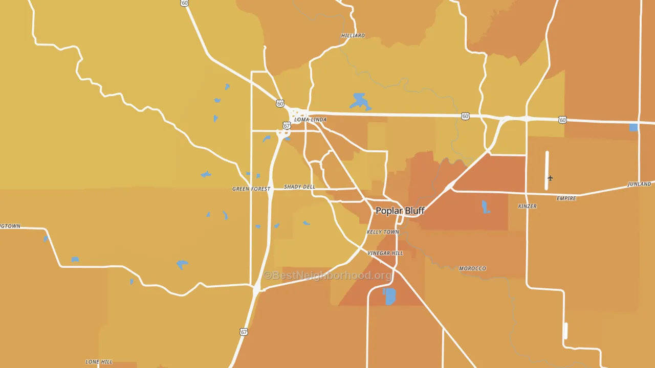 Map of the best neighborhoods in the 63901 area, with better matches in green and worse matches in red