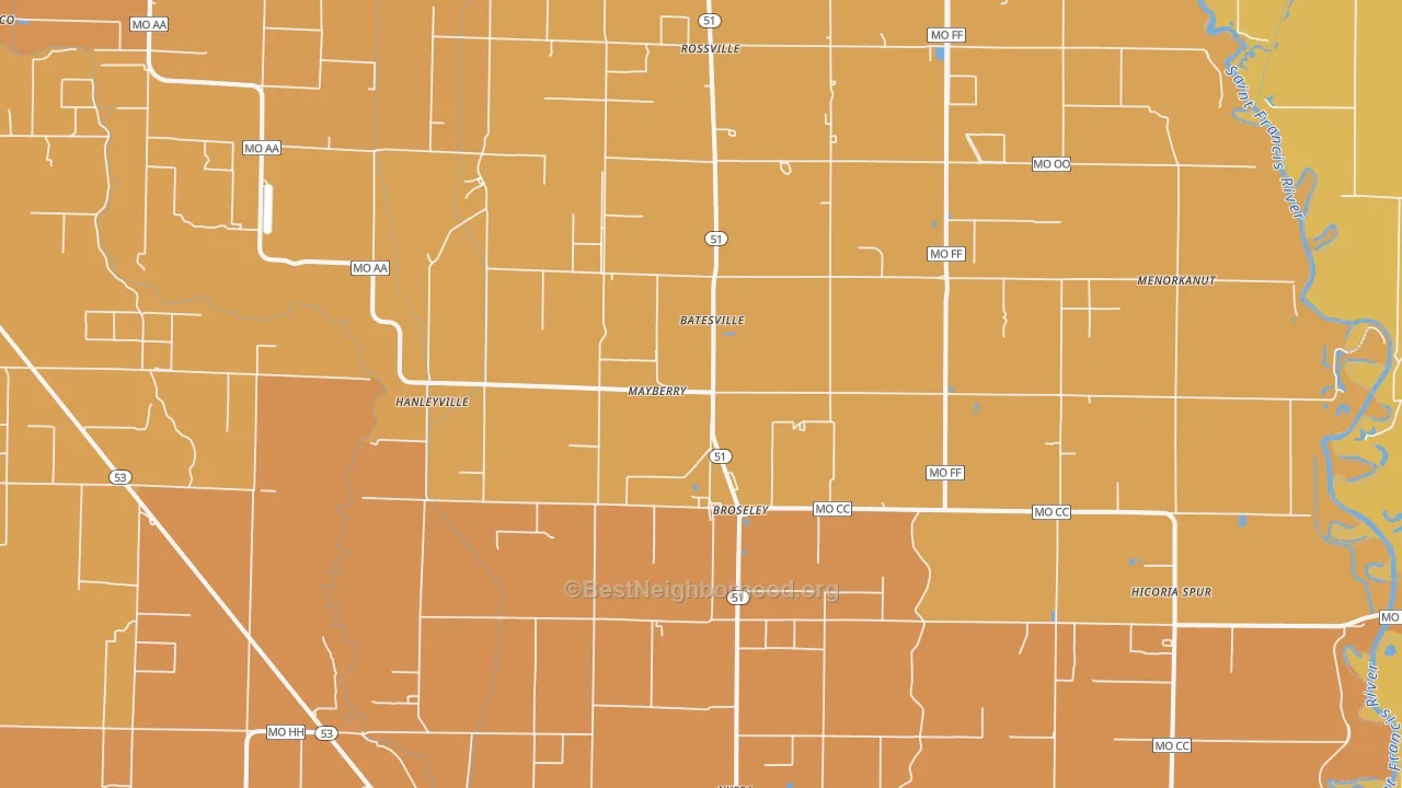 Map of the best neighborhoods in the 63932 area, with better matches in green and worse matches in red