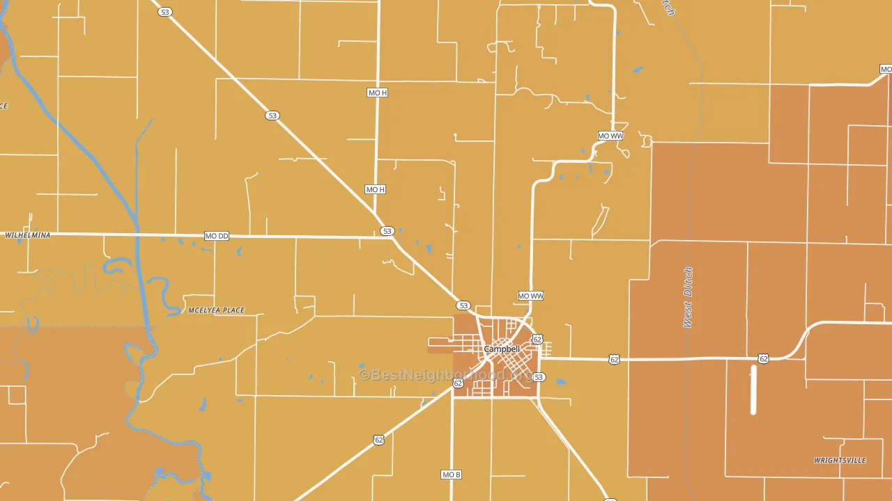 Map of the best neighborhoods in the 63933 area, with better matches in green and worse matches in red