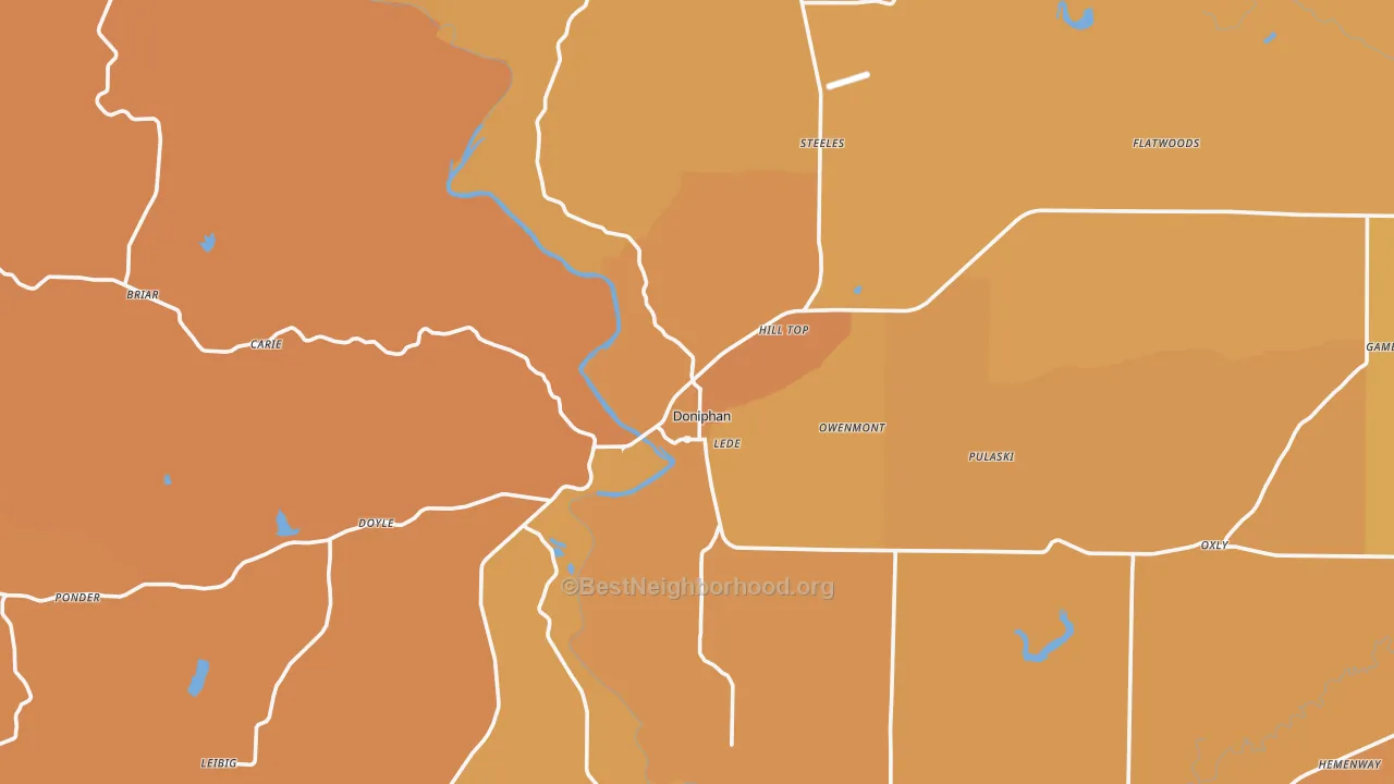 Map of the best neighborhoods in the 63935 area, with better matches in green and worse matches in red