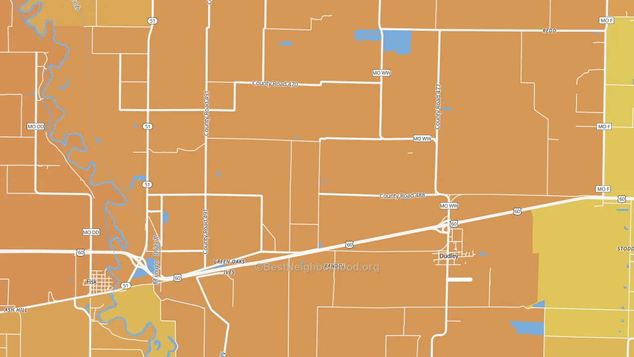 Map of the best neighborhoods in the 63936 area, with better matches in green and worse matches in red