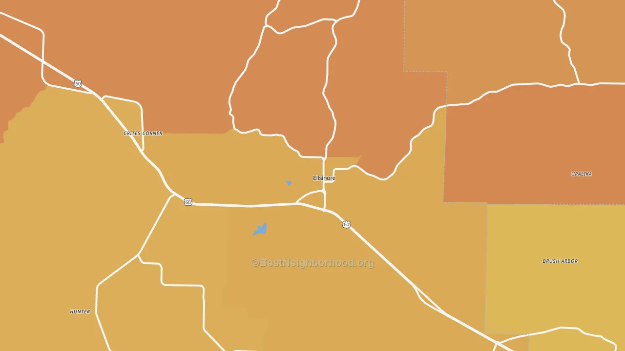 Map of the best neighborhoods in the 63937 area, with better matches in green and worse matches in red