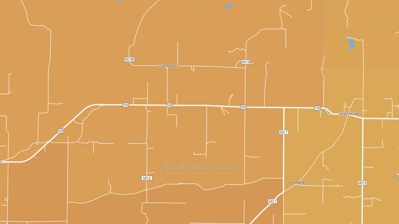 Map of the best neighborhoods in the 63939 area, with better matches in green and worse matches in red
