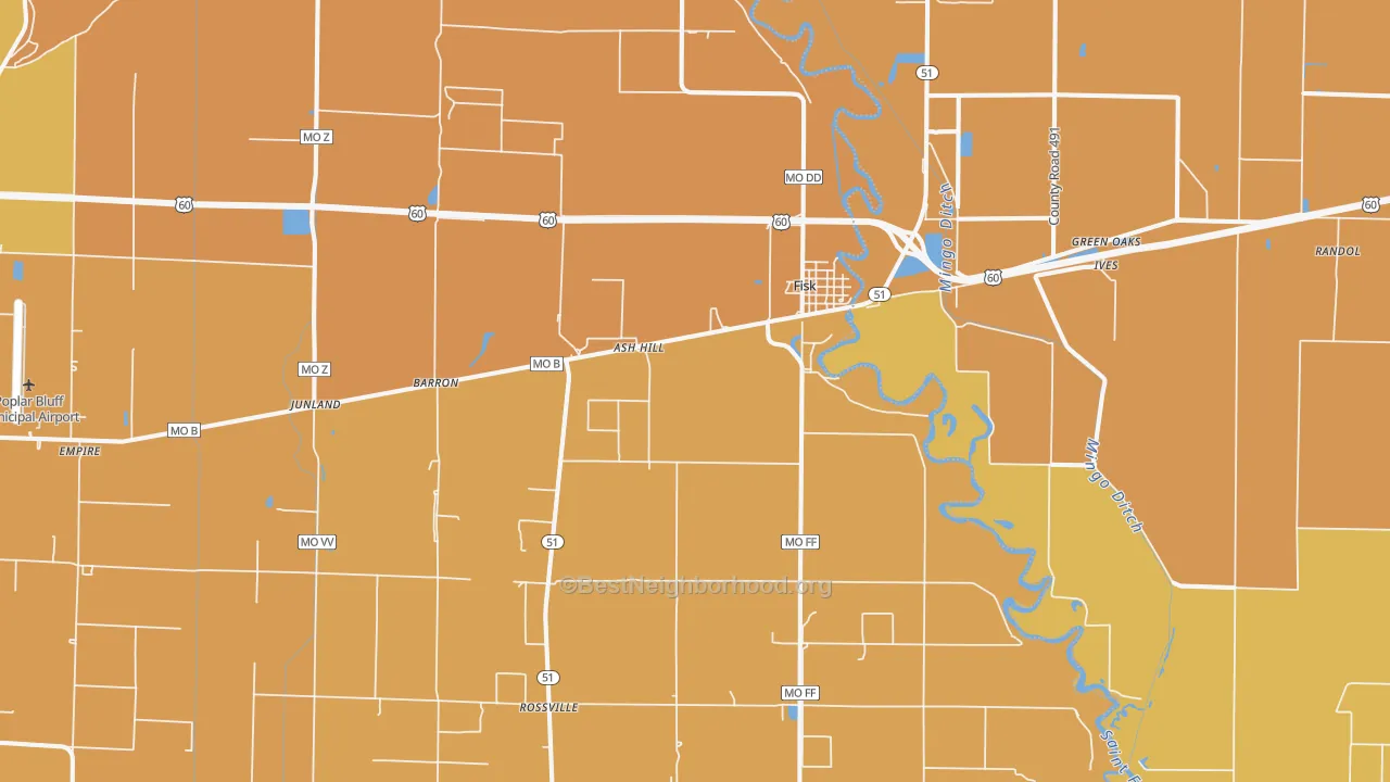 Map of the best neighborhoods in the 63940 area, with better matches in green and worse matches in red