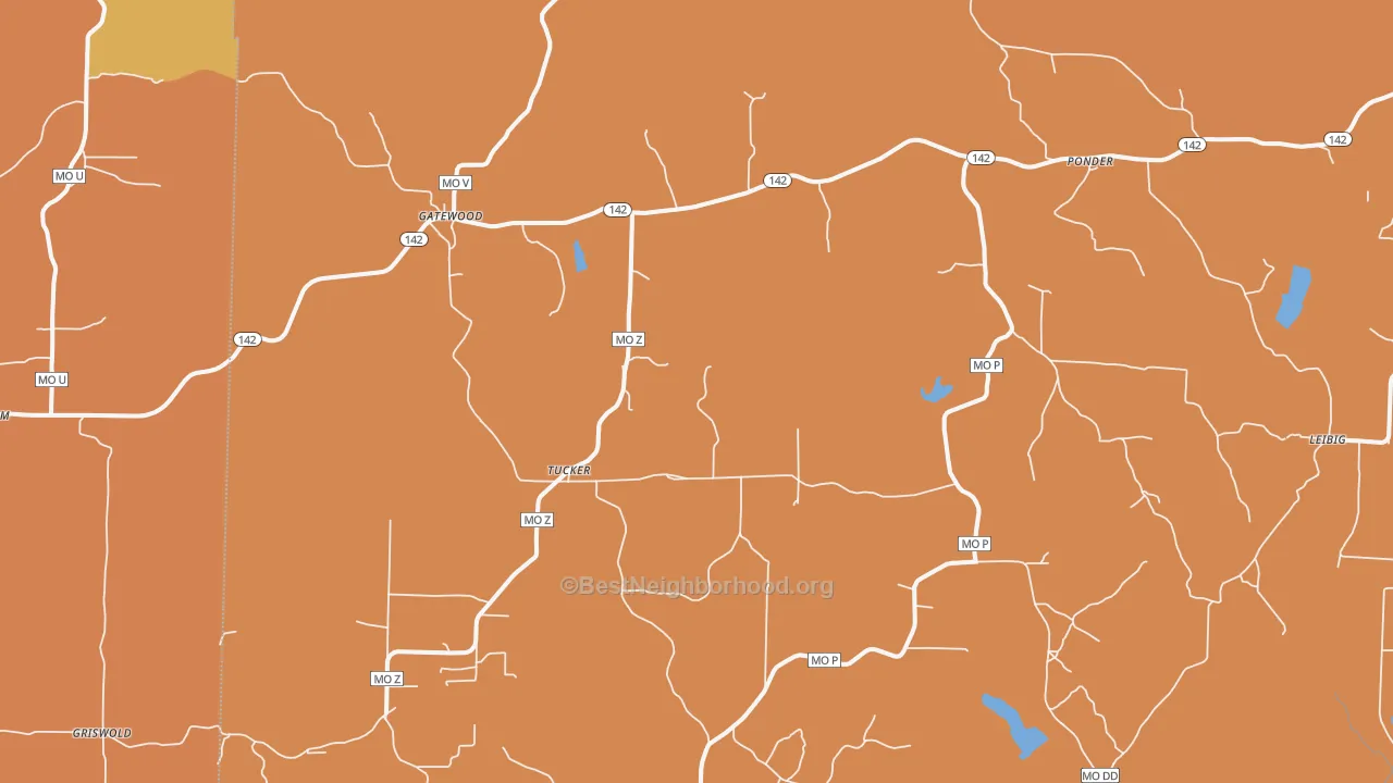 Map of the best neighborhoods in the 63942 area, with better matches in green and worse matches in red