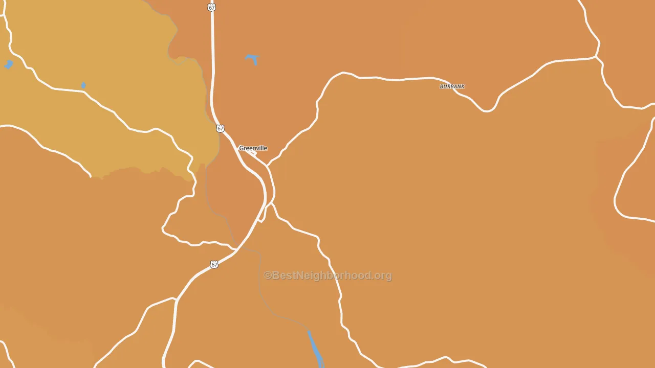 Map of the best neighborhoods in the 63944 area, with better matches in green and worse matches in red