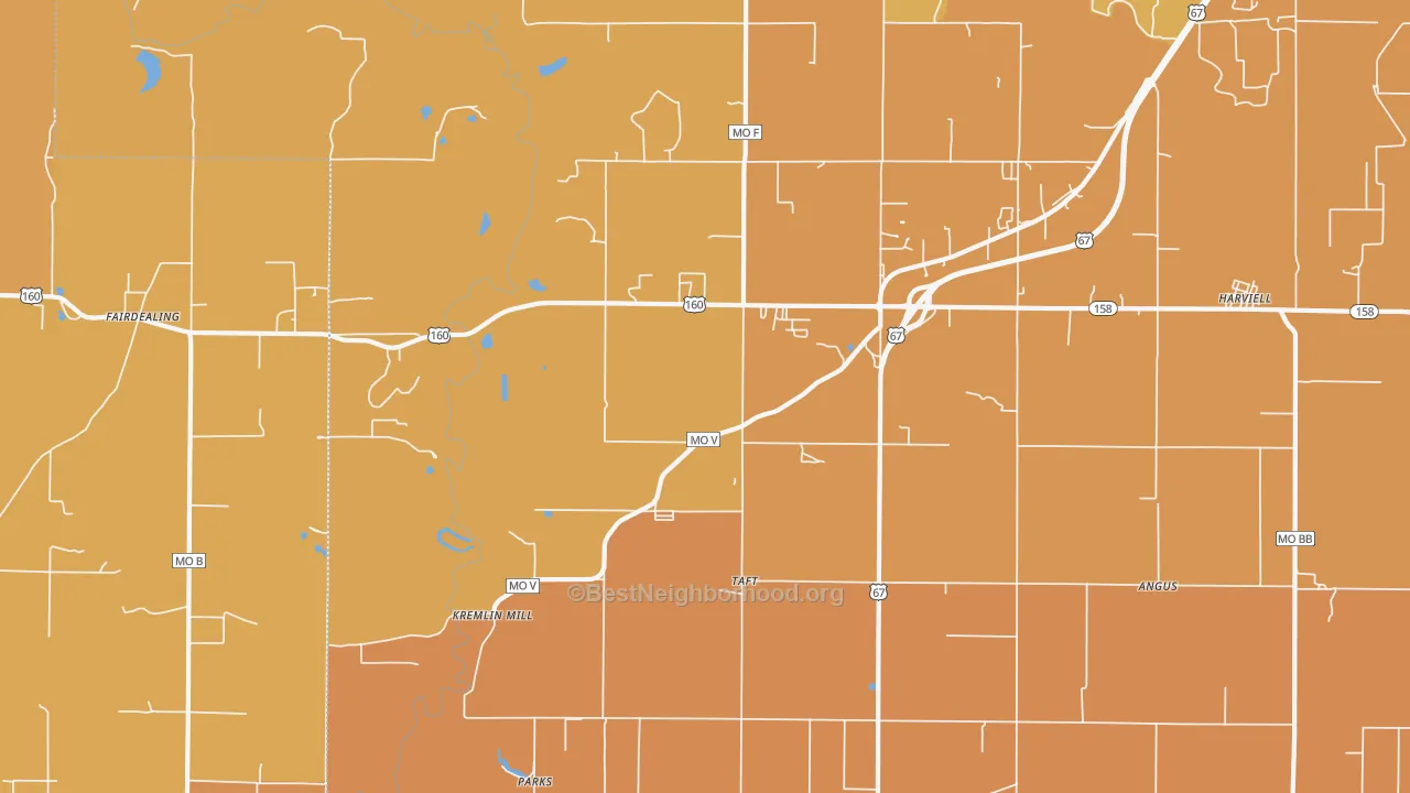 Map of the best neighborhoods in the 63945 area, with better matches in green and worse matches in red