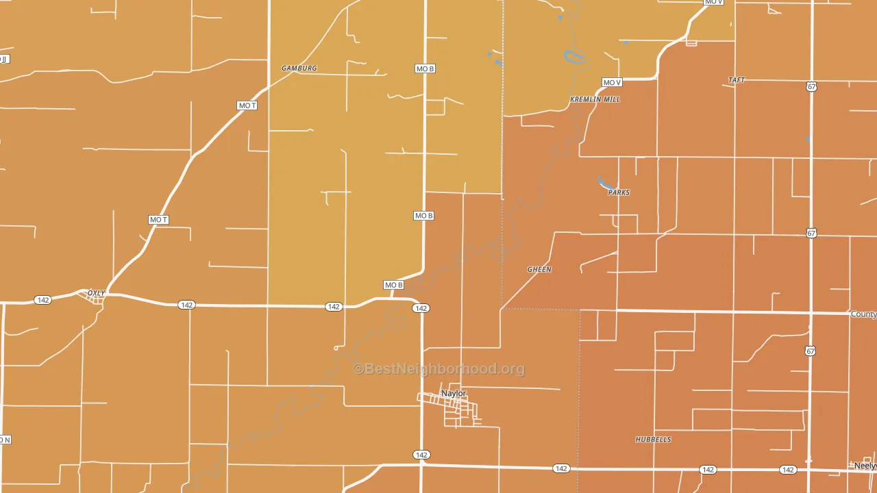 Map of the best neighborhoods in the 63953 area, with better matches in green and worse matches in red