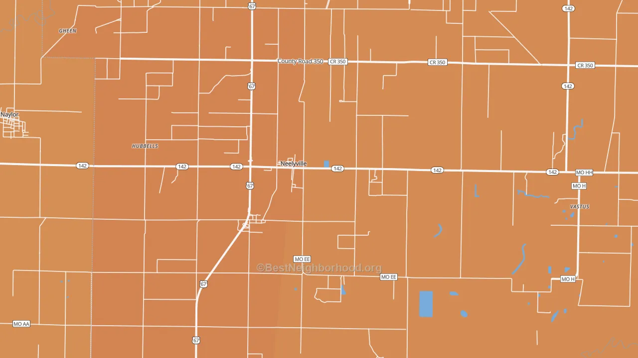 Map of the best neighborhoods in the 63954 area, with better matches in green and worse matches in red
