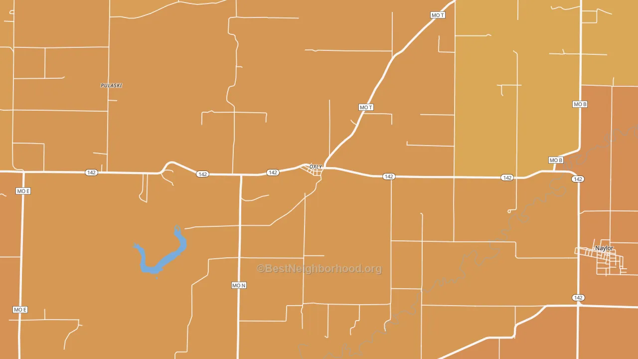 Map of the best neighborhoods in the 63955 area, with better matches in green and worse matches in red