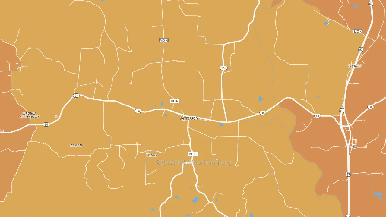 Map of the best neighborhoods in the 63956 area, with better matches in green and worse matches in red