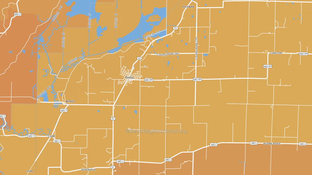 Map of the best neighborhoods in the 63960 area, with better matches in green and worse matches in red