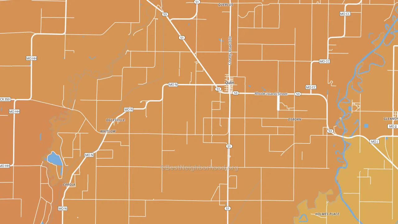 Map of the best neighborhoods in the 63961 area, with better matches in green and worse matches in red