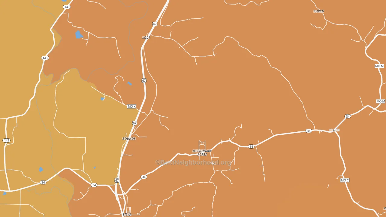 Map of the best neighborhoods in the 63964 area, with better matches in green and worse matches in red
