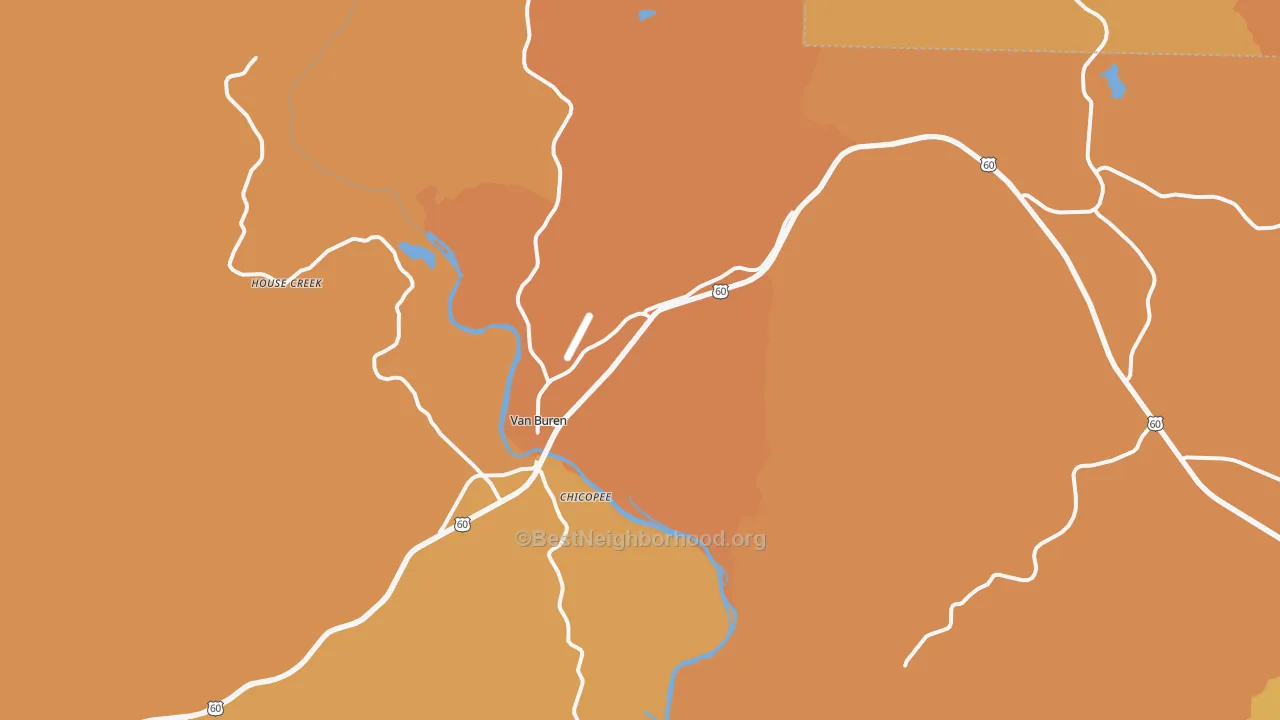 Map of the best neighborhoods in the 63965 area, with better matches in green and worse matches in red