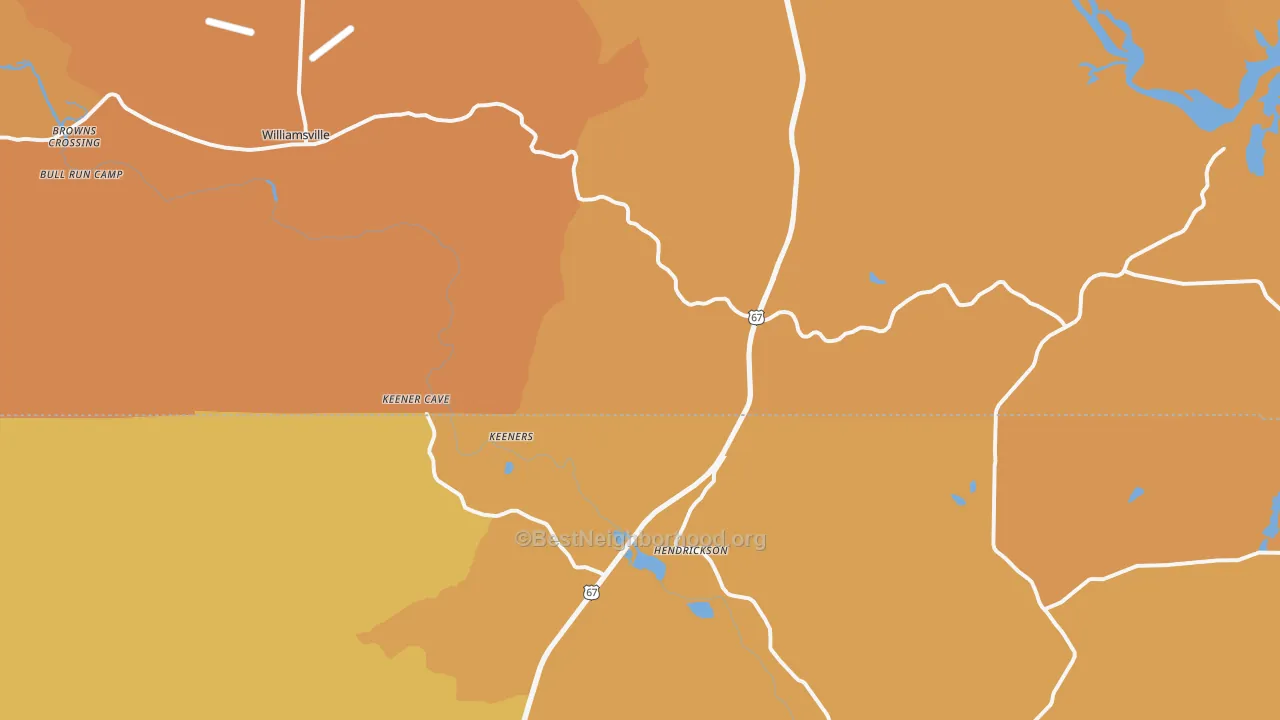 Map of the best neighborhoods in the 63967 area, with better matches in green and worse matches in red
